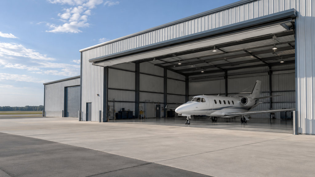 Aircraft inside an open aviation hangar