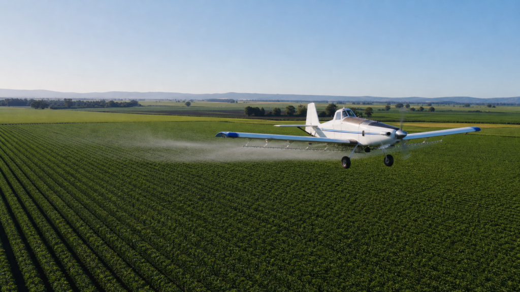 Agricultural aircraft performing aerial application over farmland